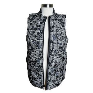3/$30 J Jill Down Vest Black White Floral Puffer LongLine Full Zip Large Petite